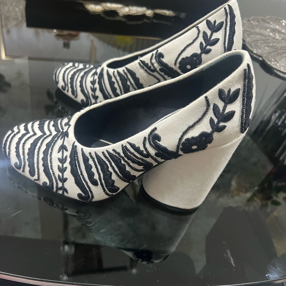 Tory Burch Black and White Embroidered Heeled Boots - Picture 3 of 4